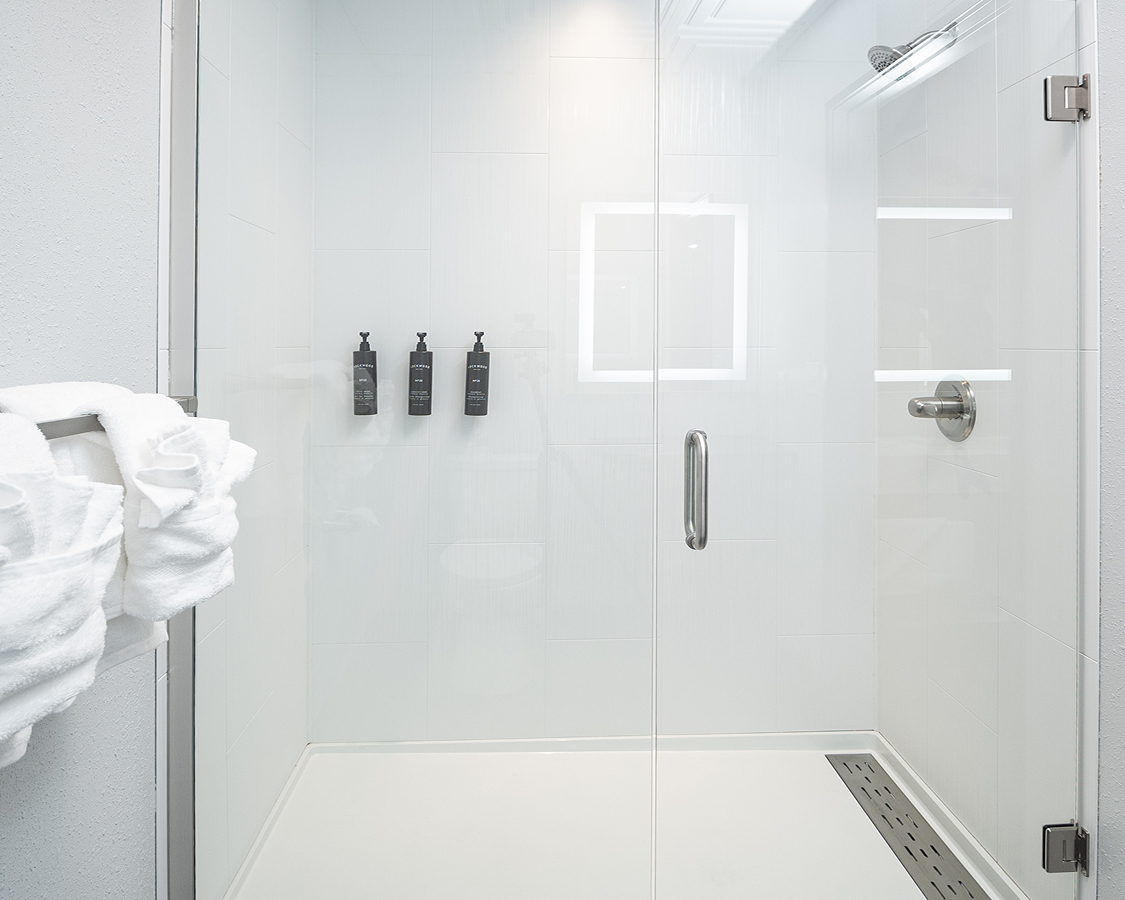 a shower with a glass door