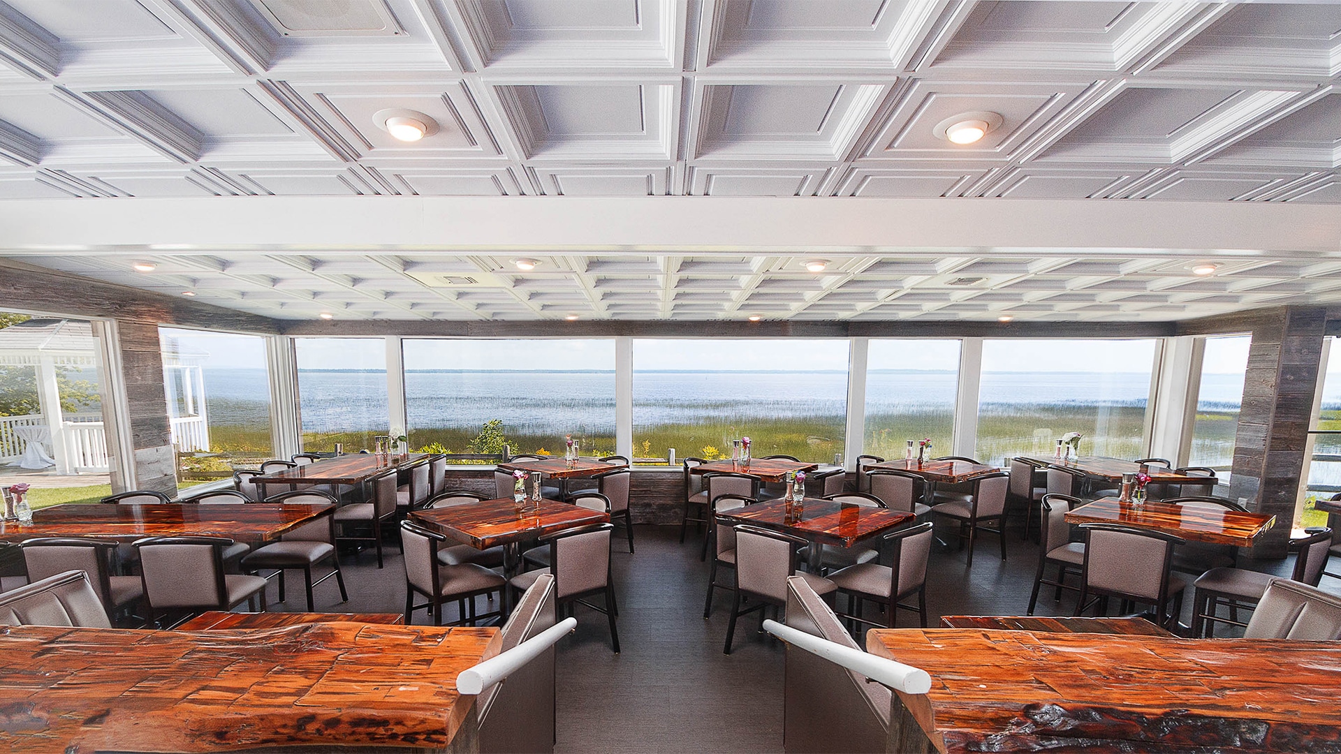 a room with tables and chairs
