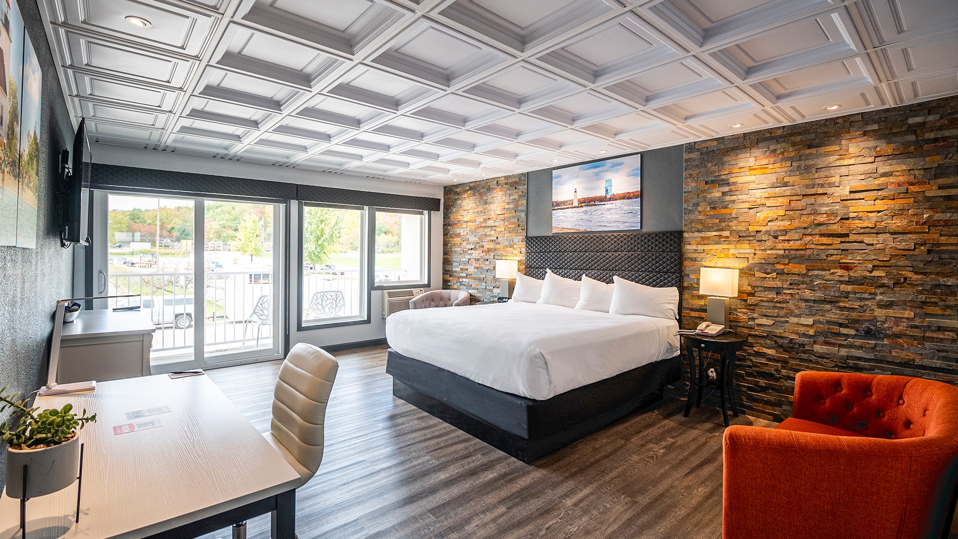 a room with a bed and a table