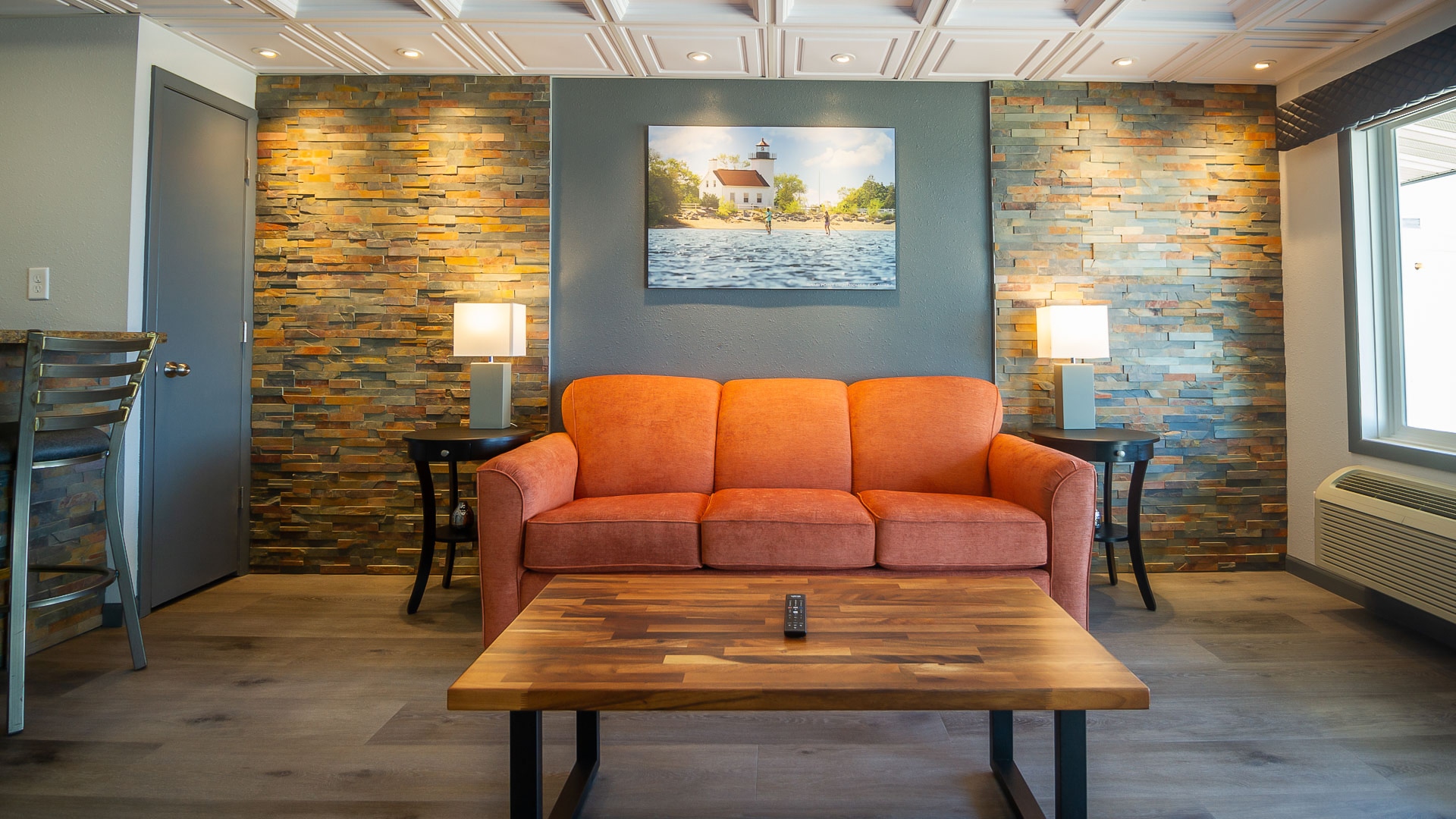 a couch and table in a room