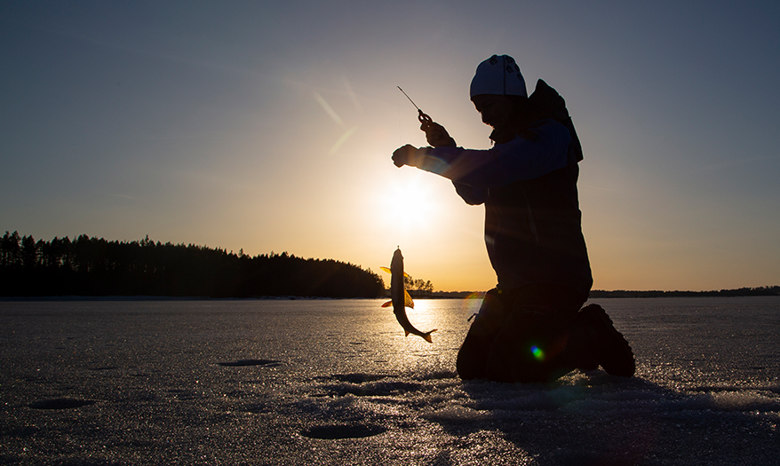 a person kneeling on the ice holding a fish