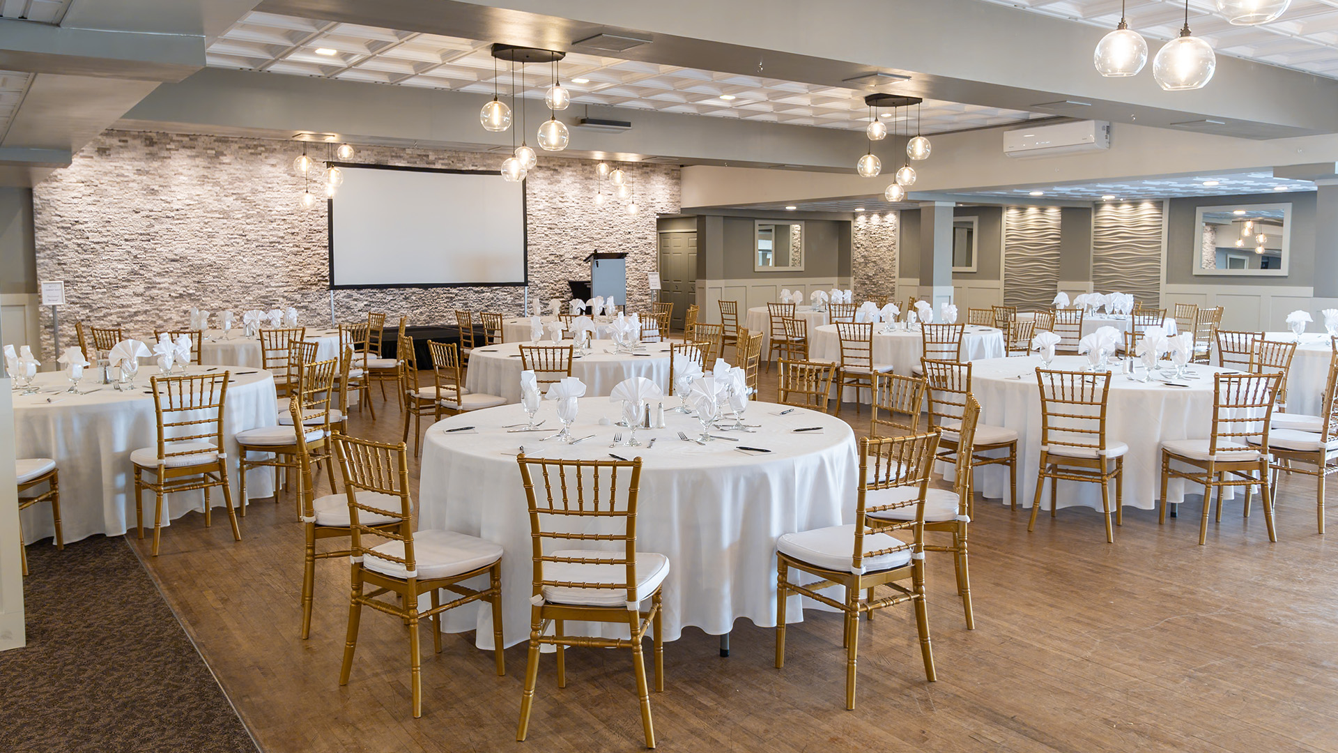 a room with tables and chairs