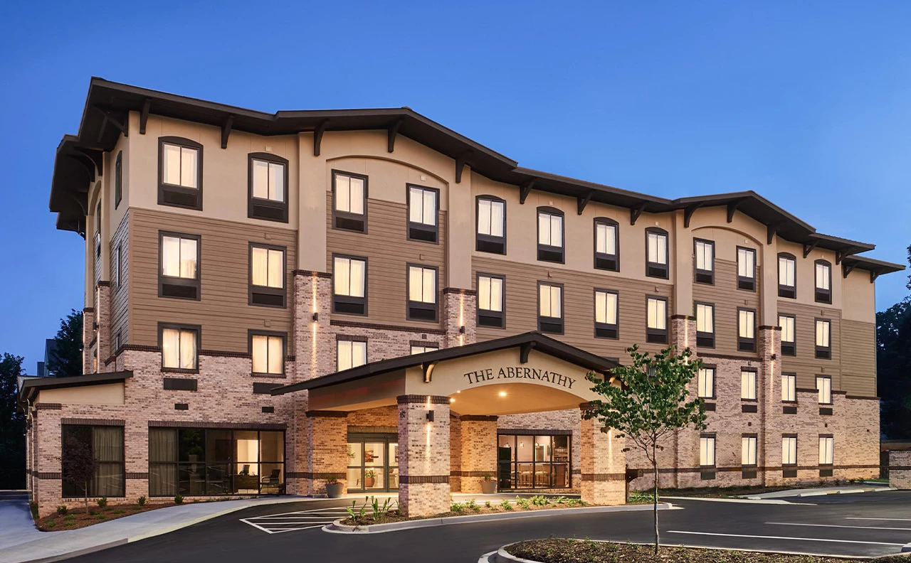 a building with a parking lot