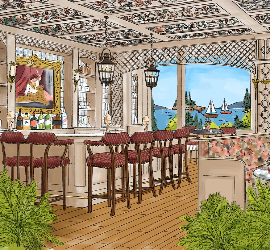 a drawing of a room with chairs and a table