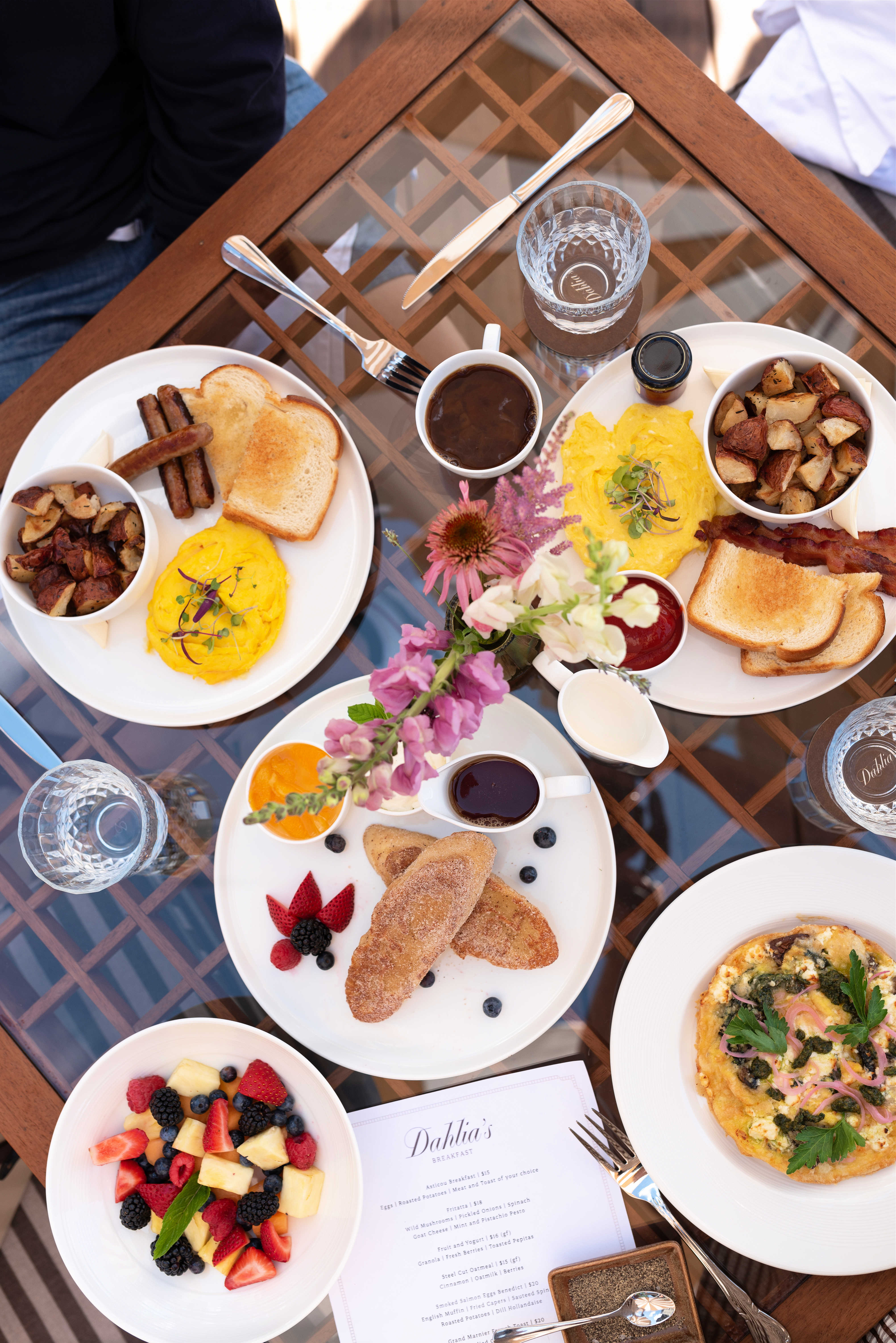 a table with plates of food and drinks