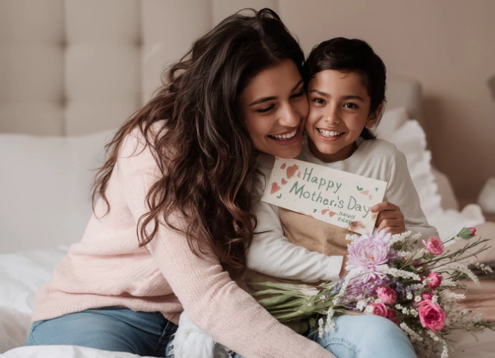 a woman and child holding flowers and a card