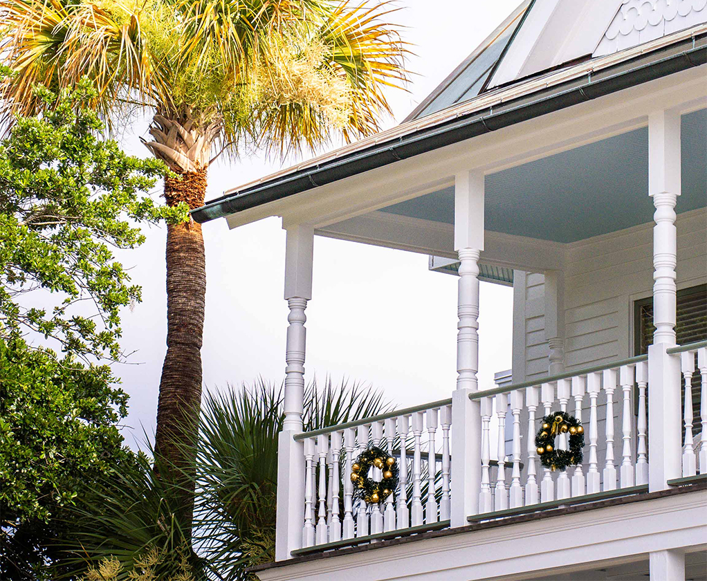a palm tree and a white house