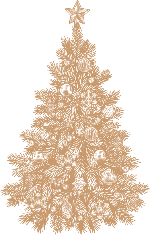 a tree with ornaments and snowflakes