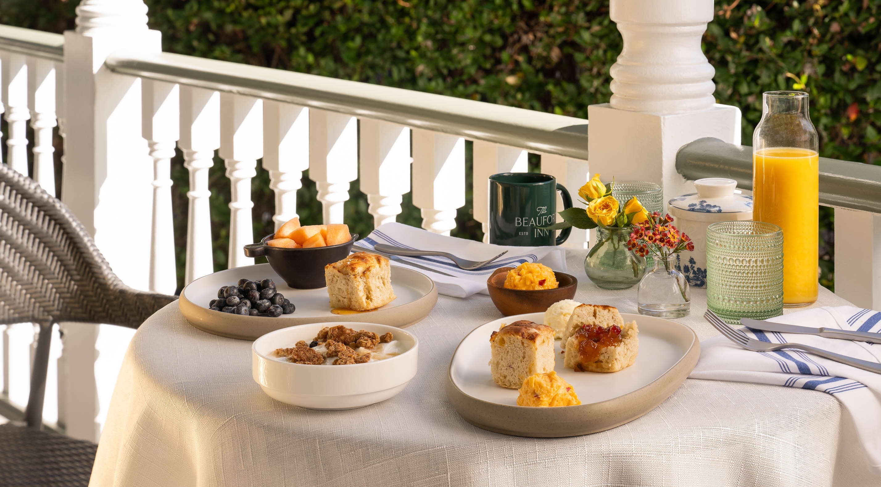 a table with plates of food on it