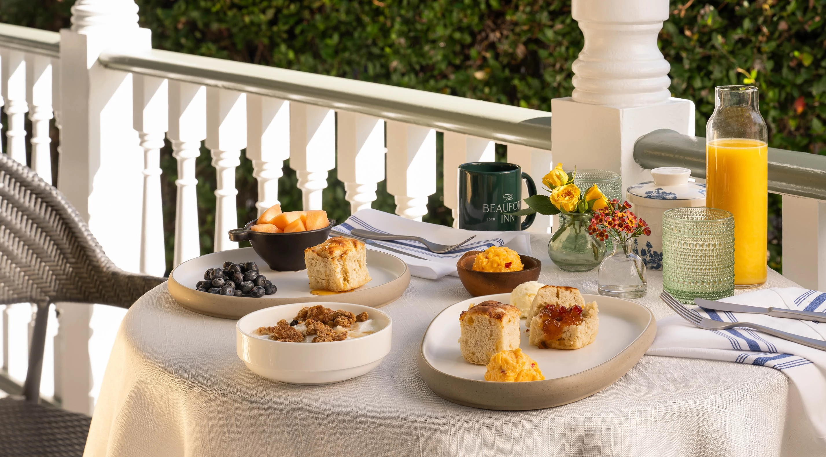 a table with plates of food on it