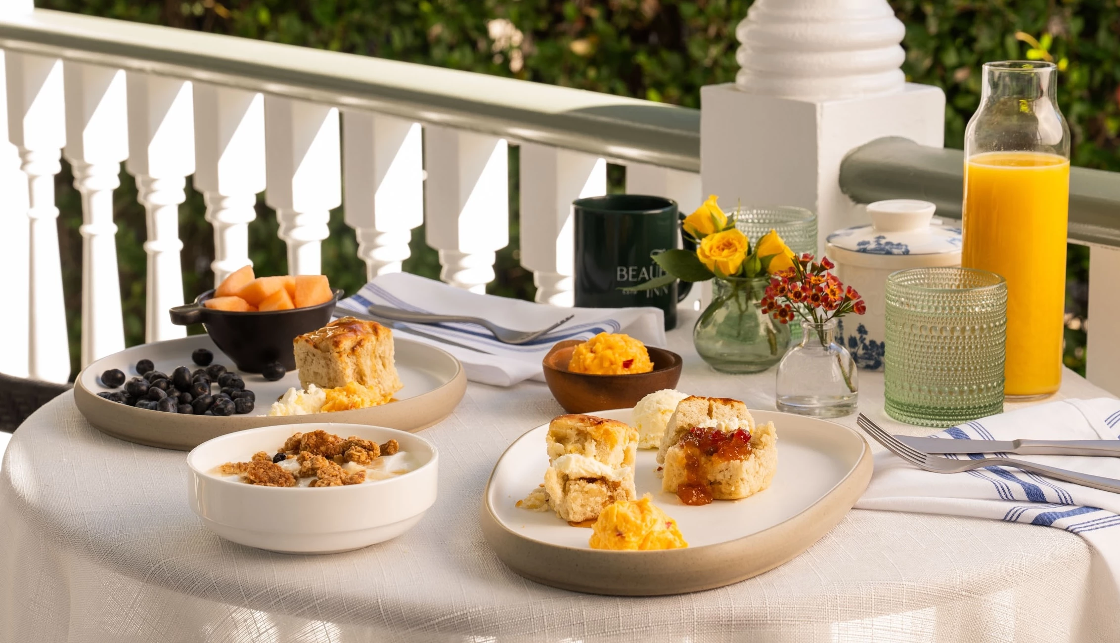 a table with plates of food on it