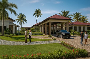 a couple standing in front of a building