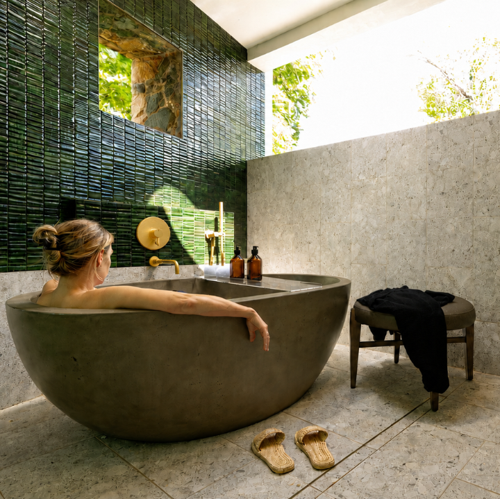 a woman sitting in a round bathtub