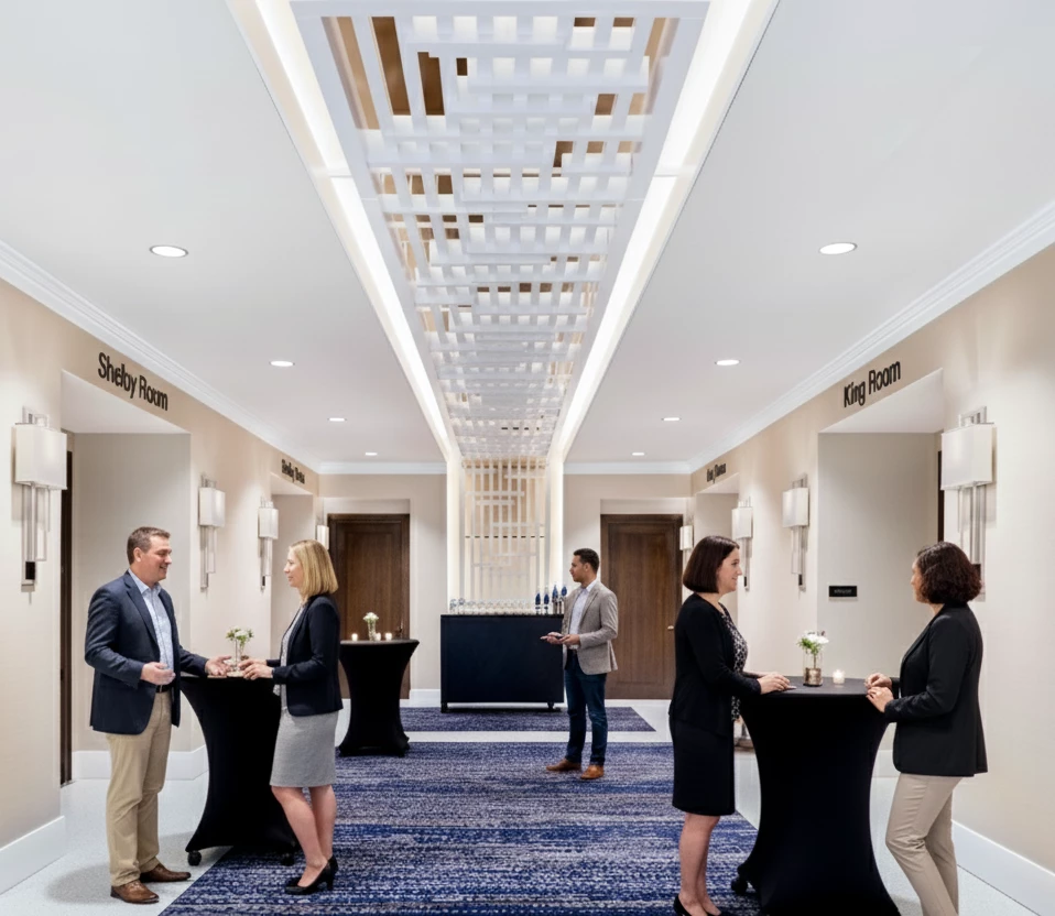 a group of people standing in a room
