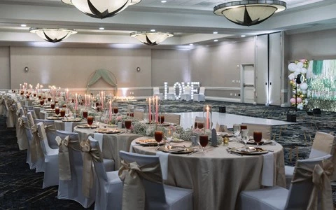 a large room with tables and chairs