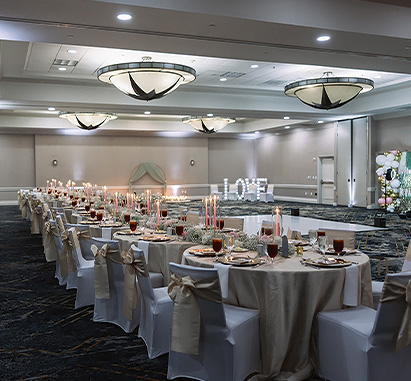 a large room with tables and chairs