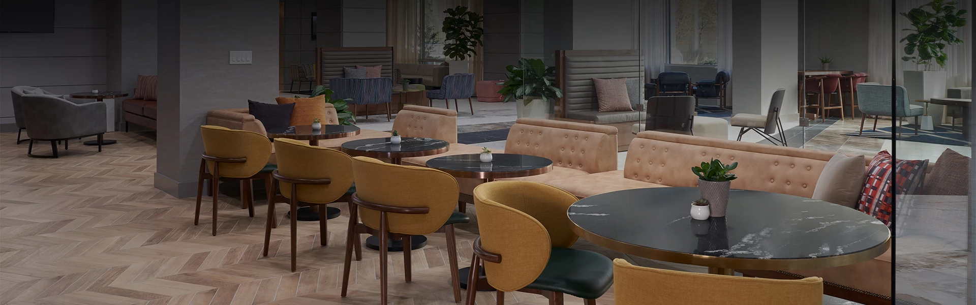 a room with tables and chairs