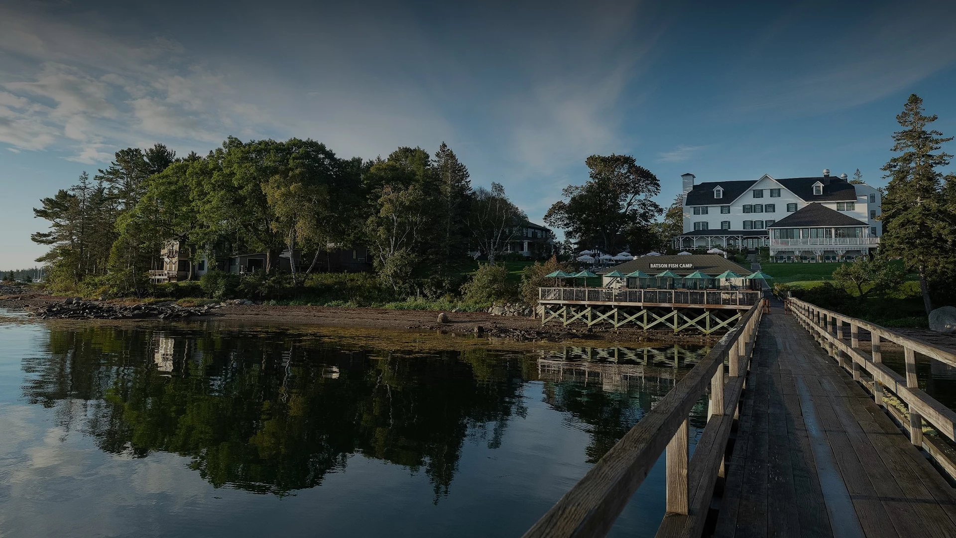 a dock with a body of water and trees