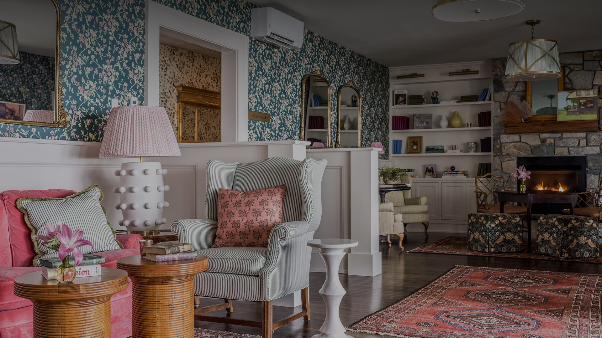 a living room with a chair and a table