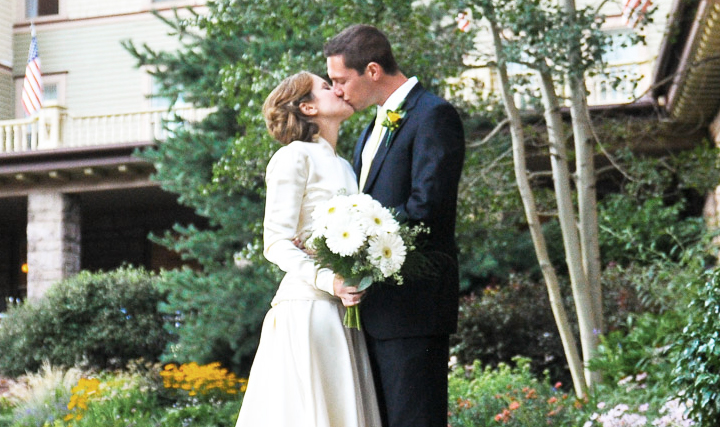 bride and groom kissing