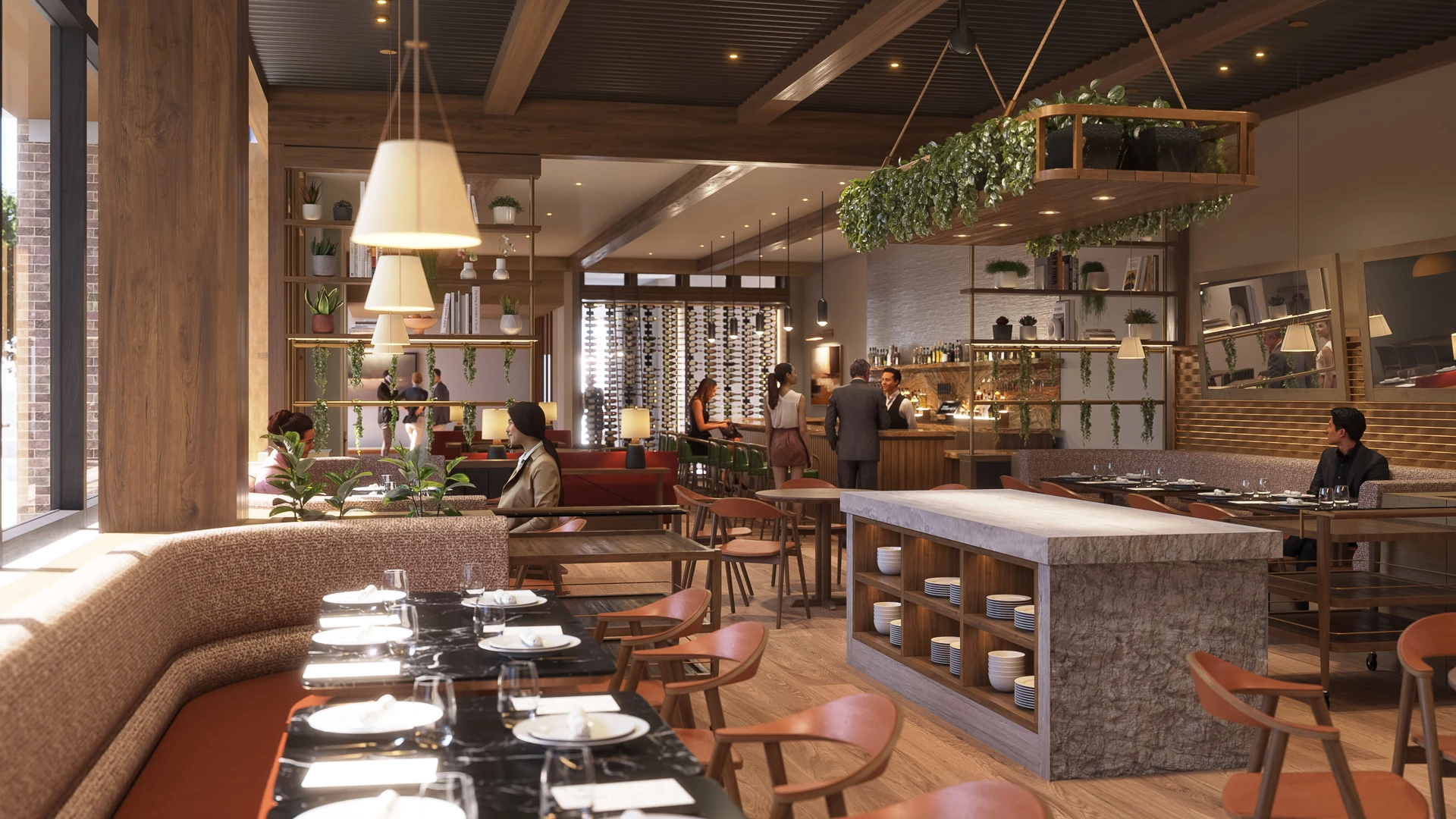 a restaurant with people in the background