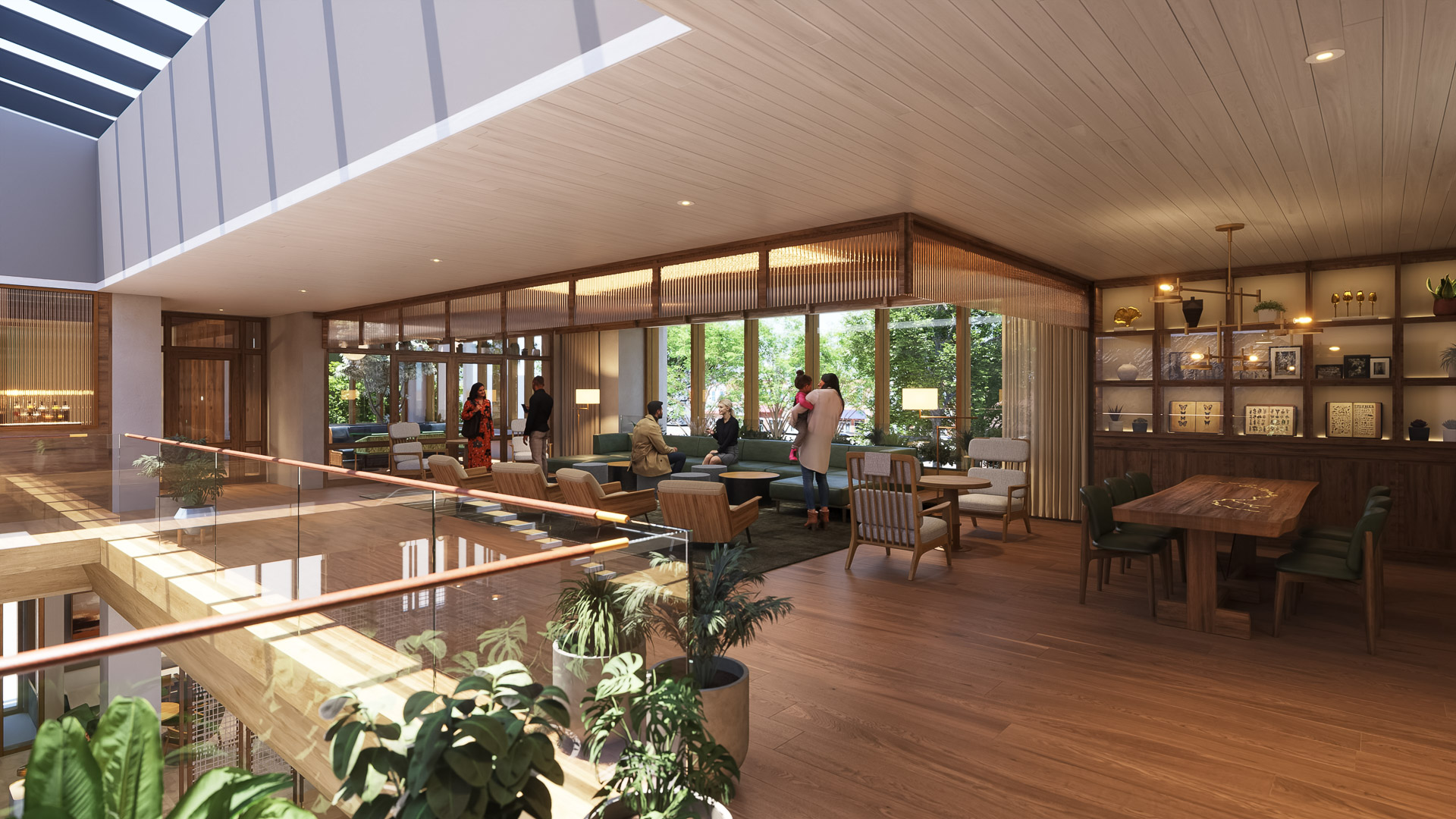 a room with a glass wall and a large window