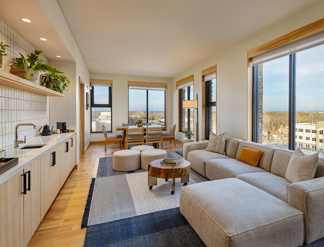 a living room with a couch and a table
