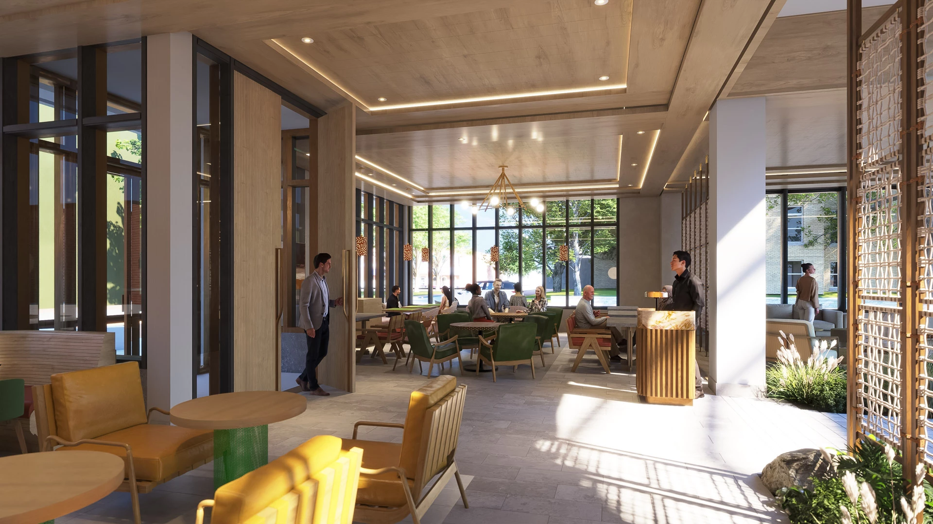 a room with tables and chairs