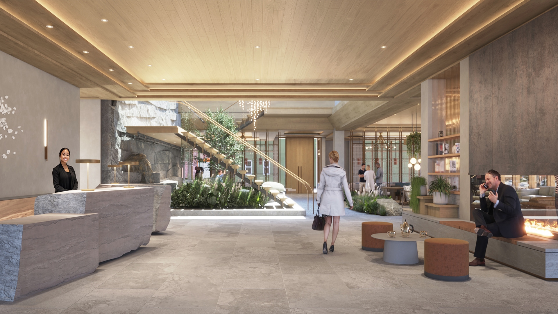 a woman walking in a building