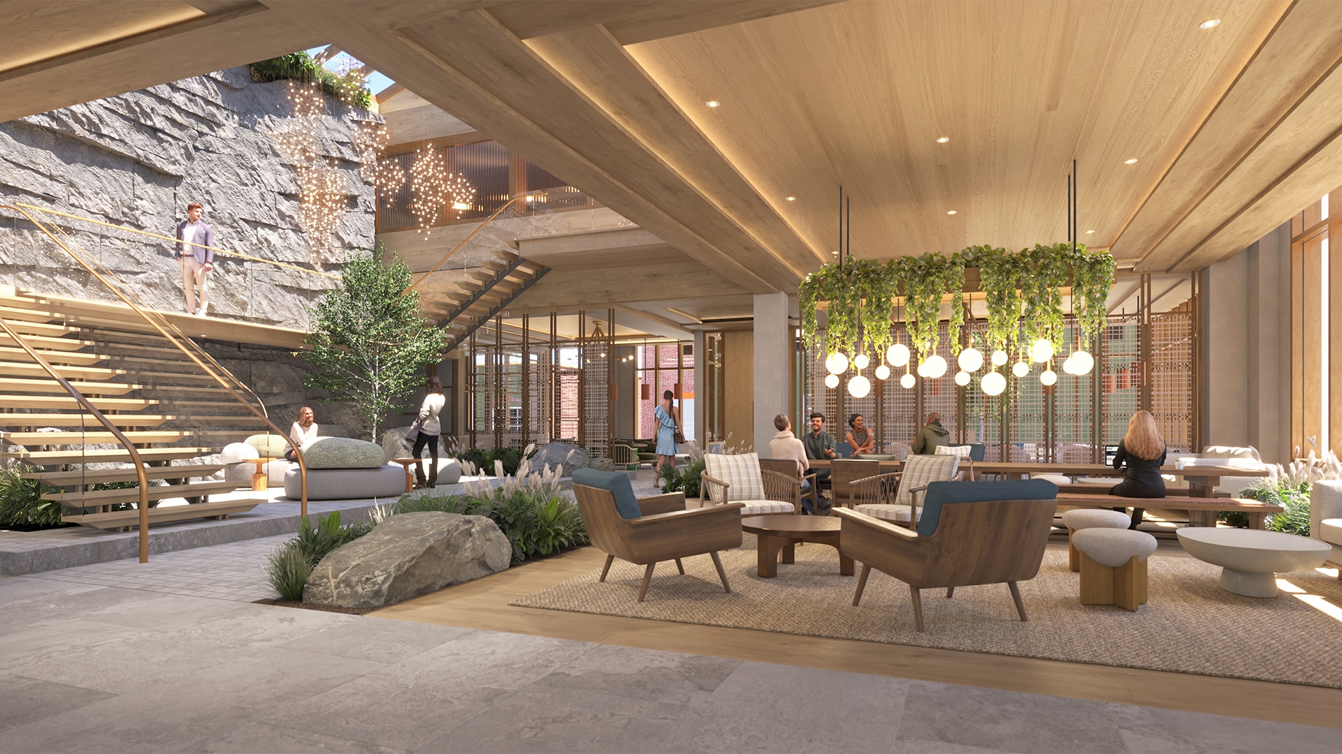 a room with a large patio and a large staircase