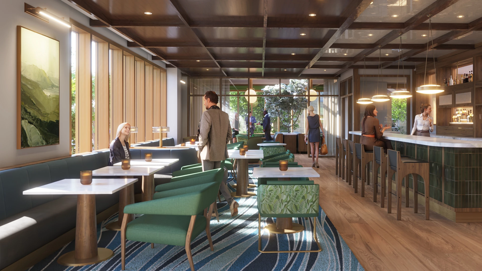 a group of people in a restaurant