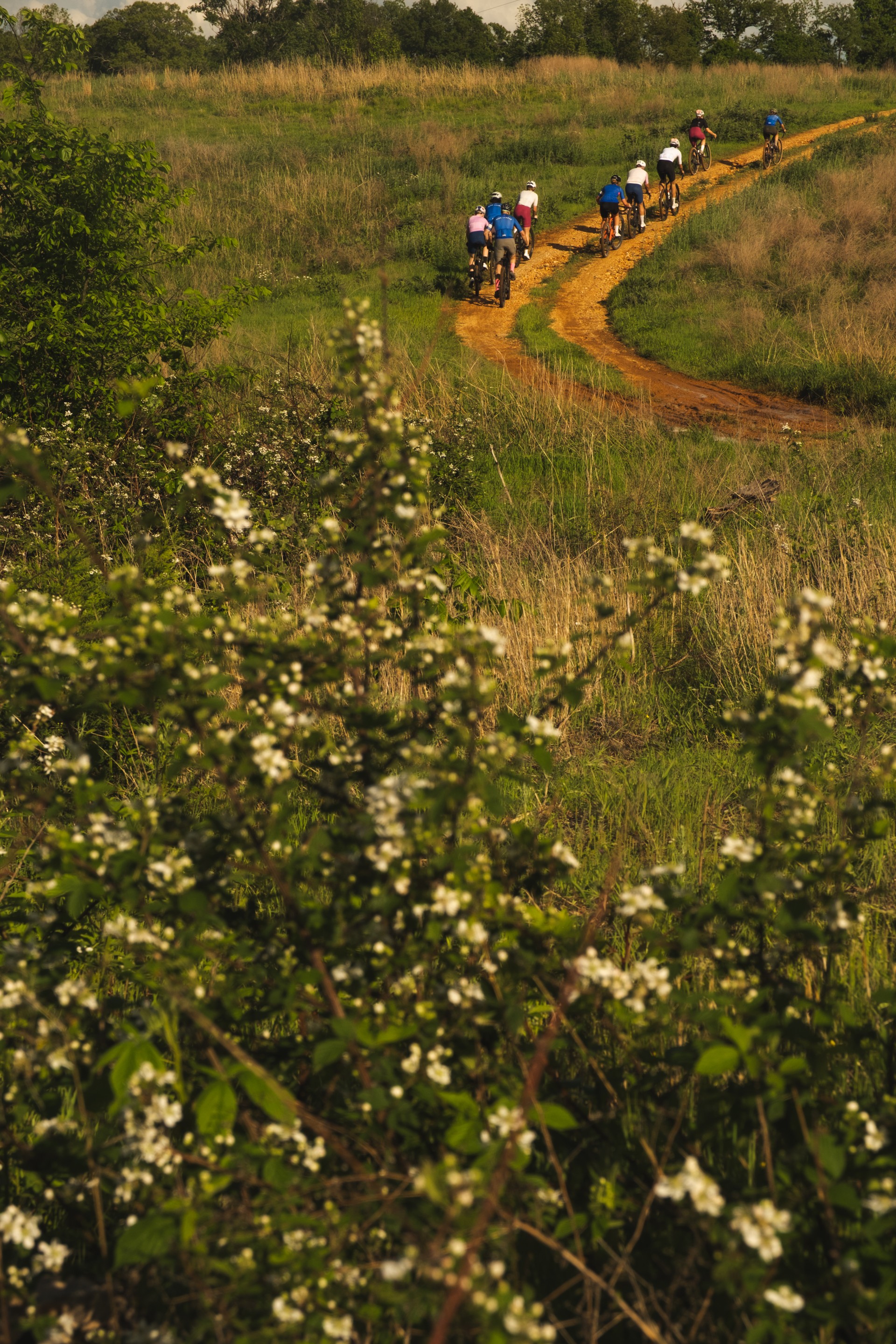 a group of people riding bikes on a dirt road