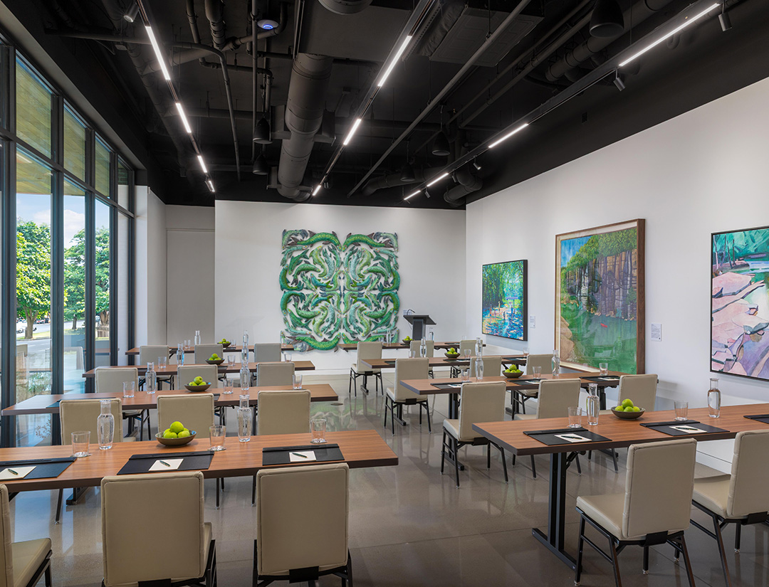 a room with tables and chairs