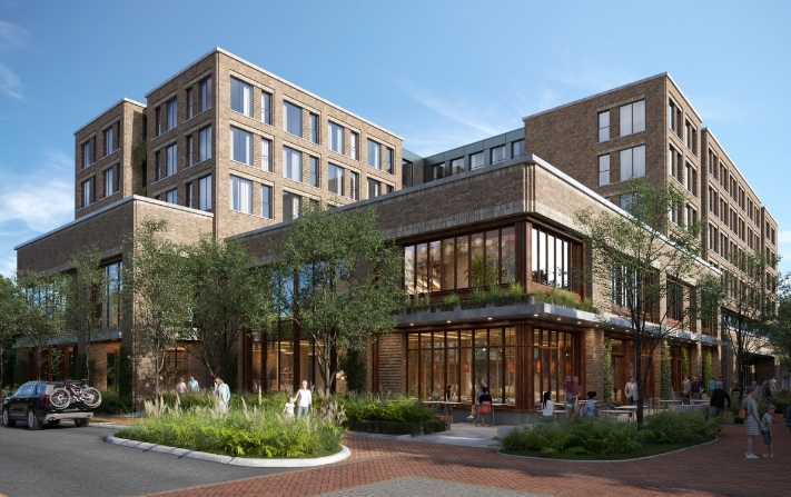 a building with trees and people