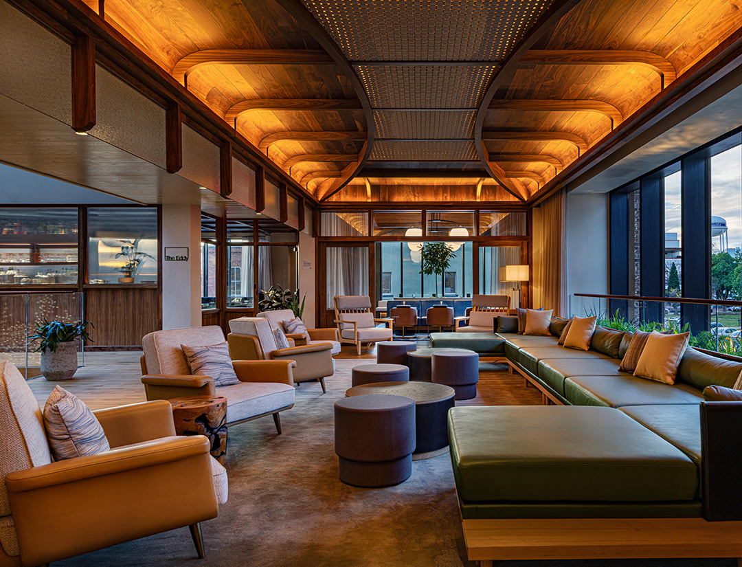 a large room with couches and tables