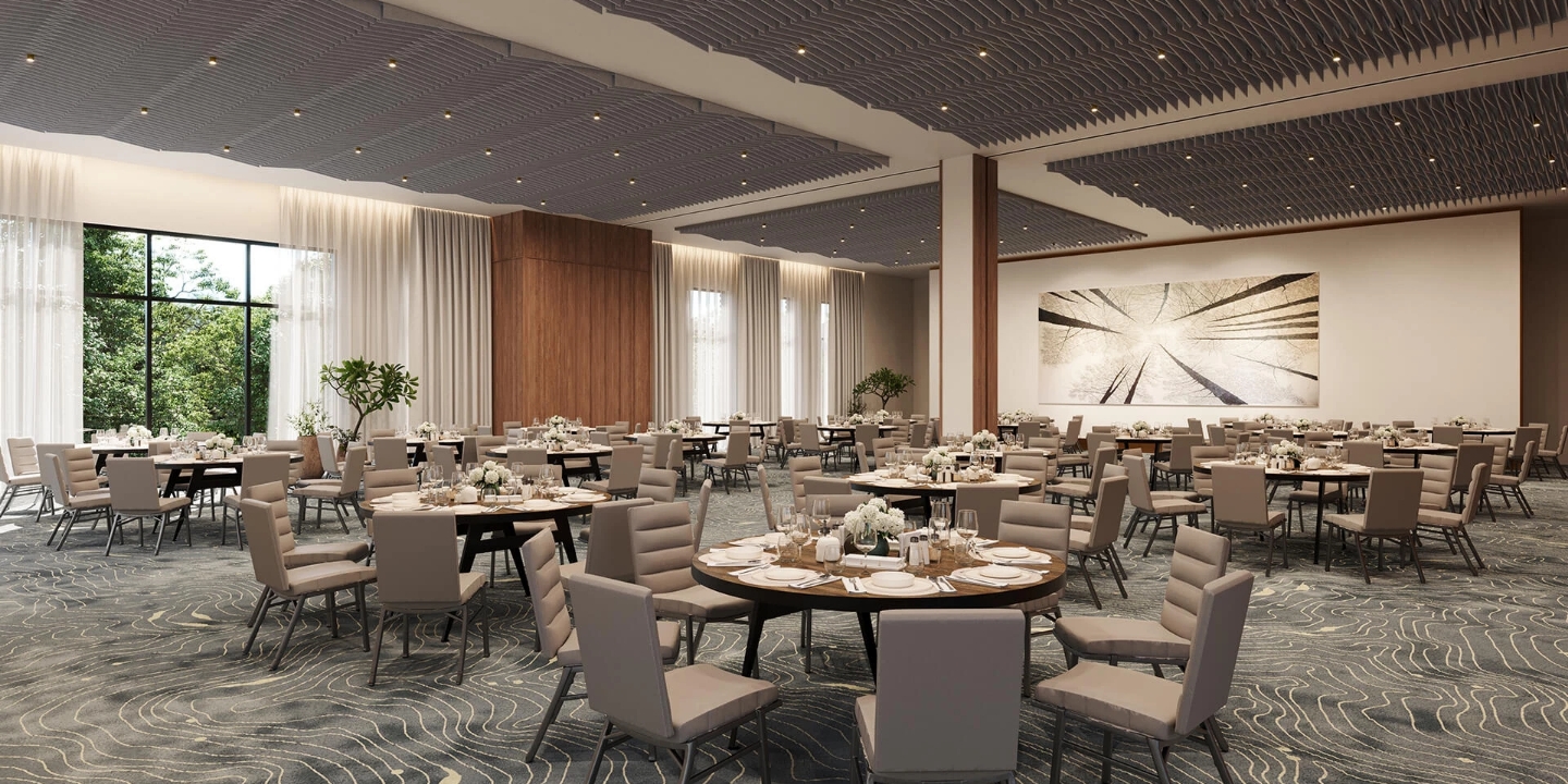 a large room with tables and chairs