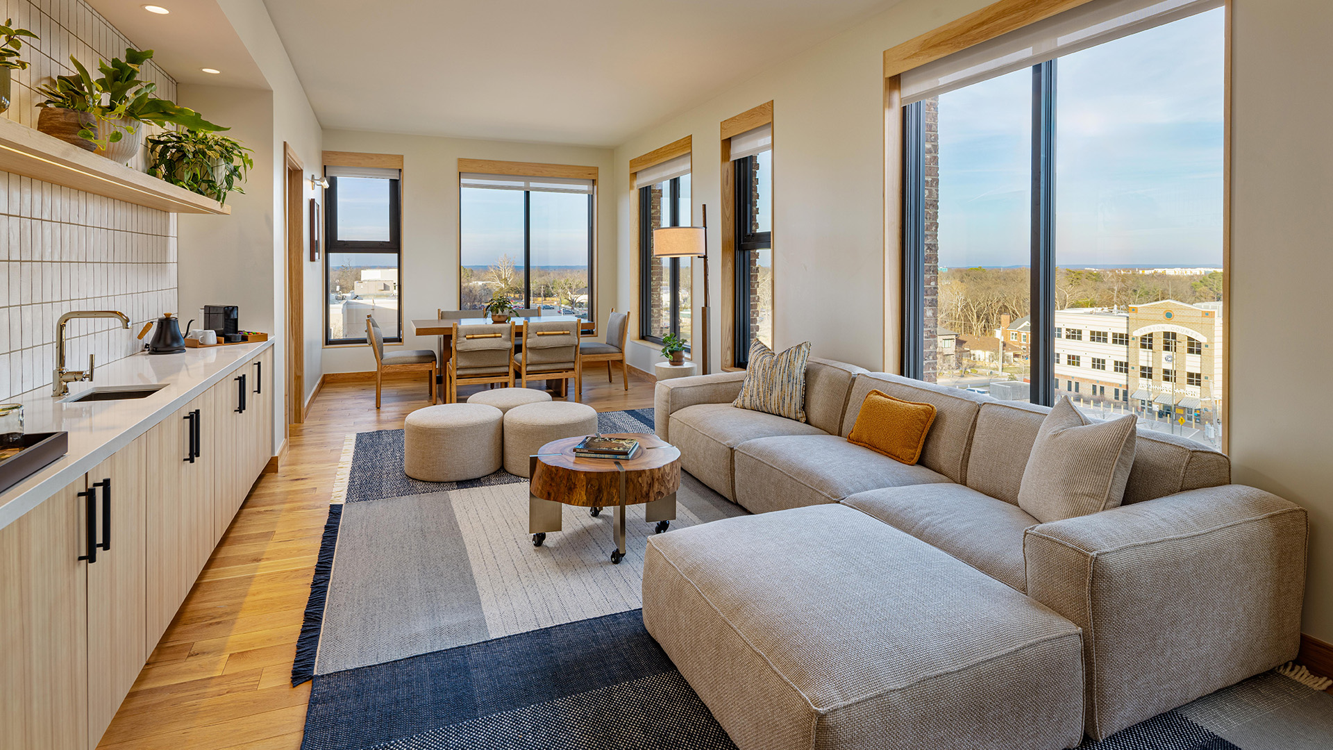 a living room with a couch and a table