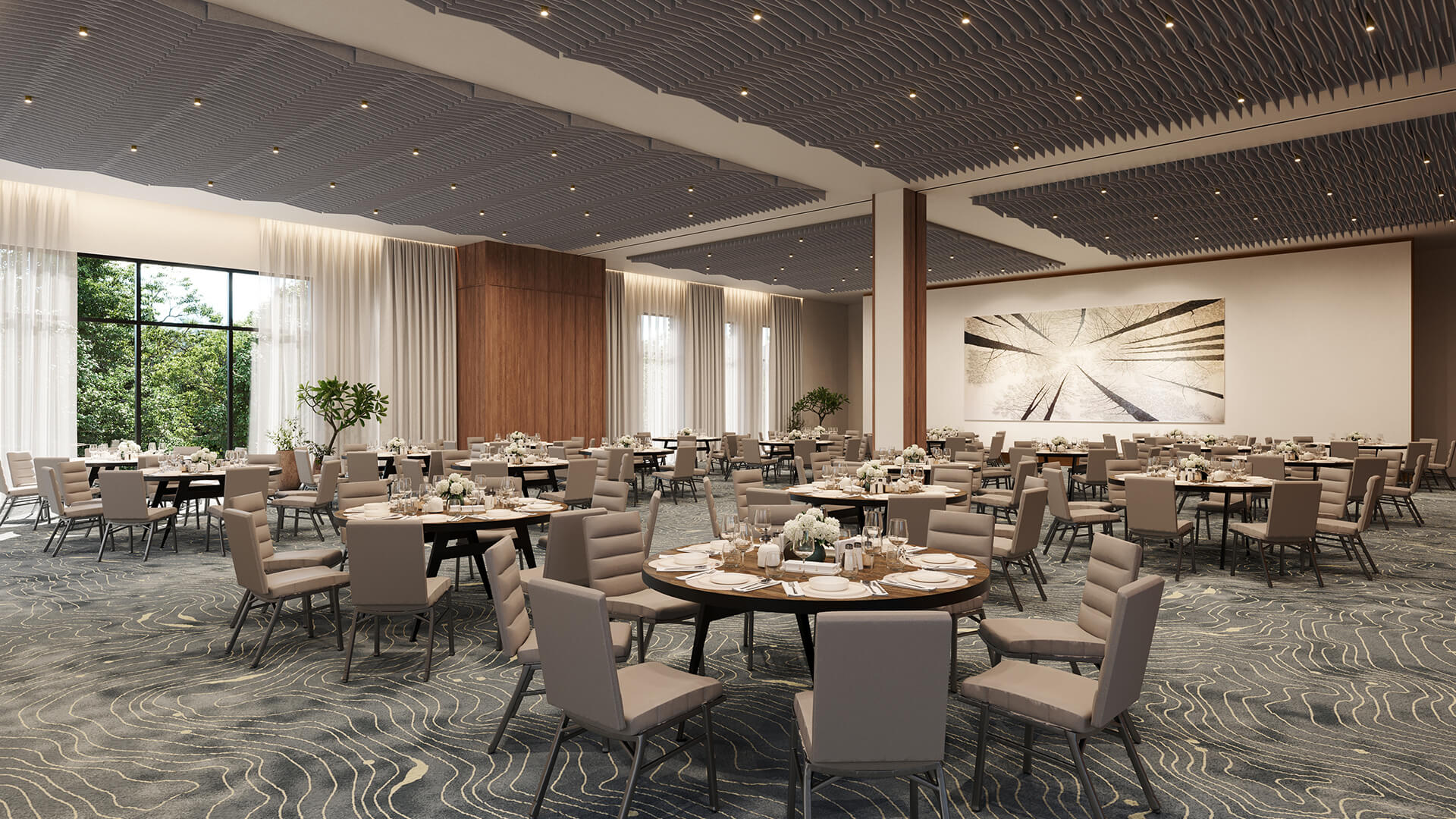 a large room with tables and chairs