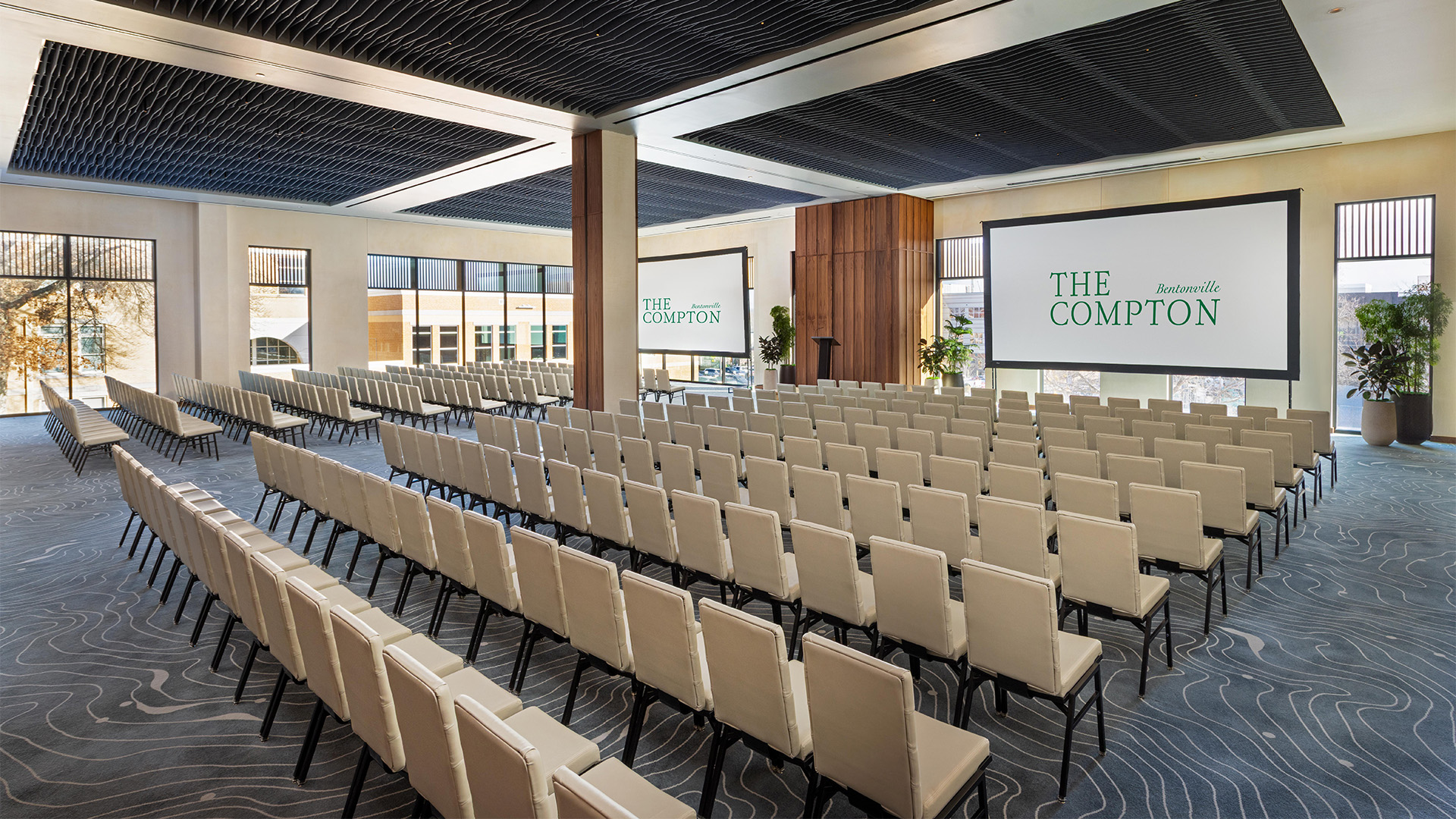 a large room with rows of chairs