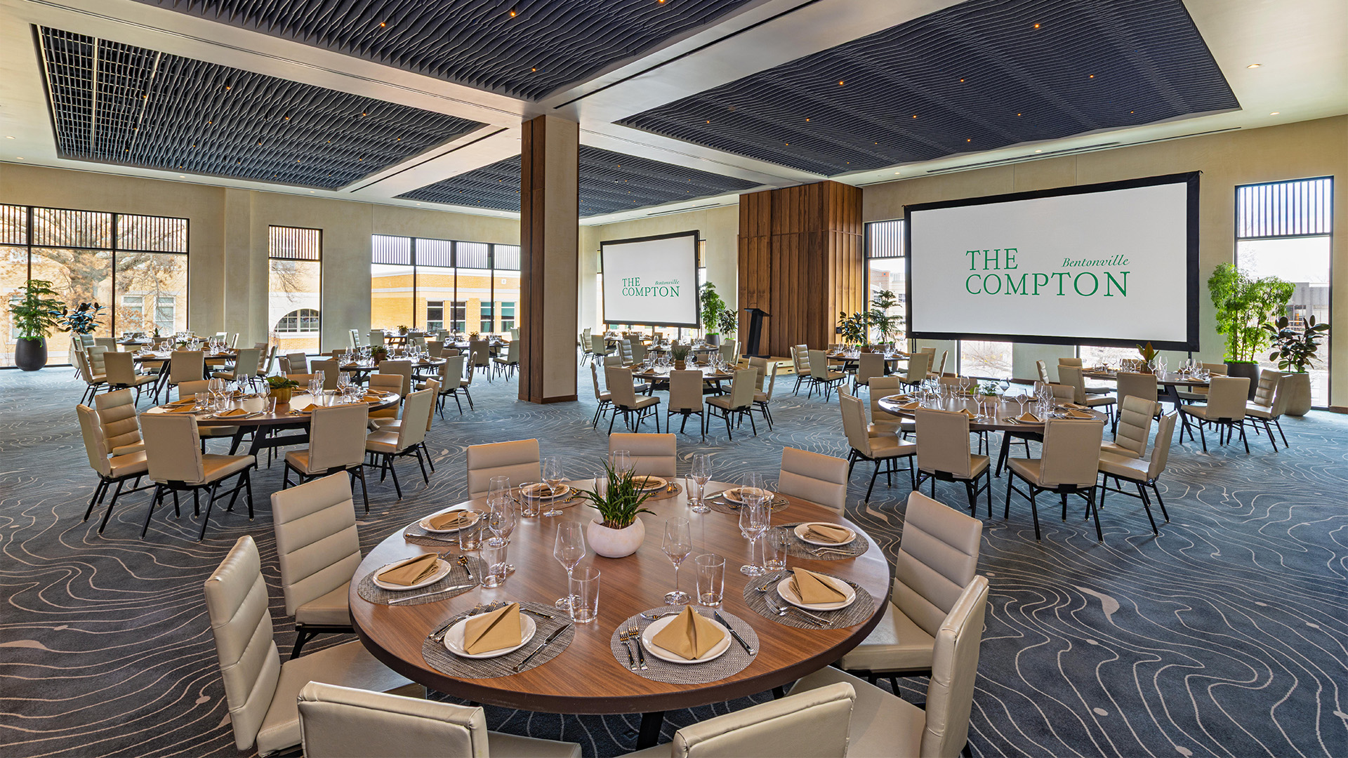 a room with tables and chairs