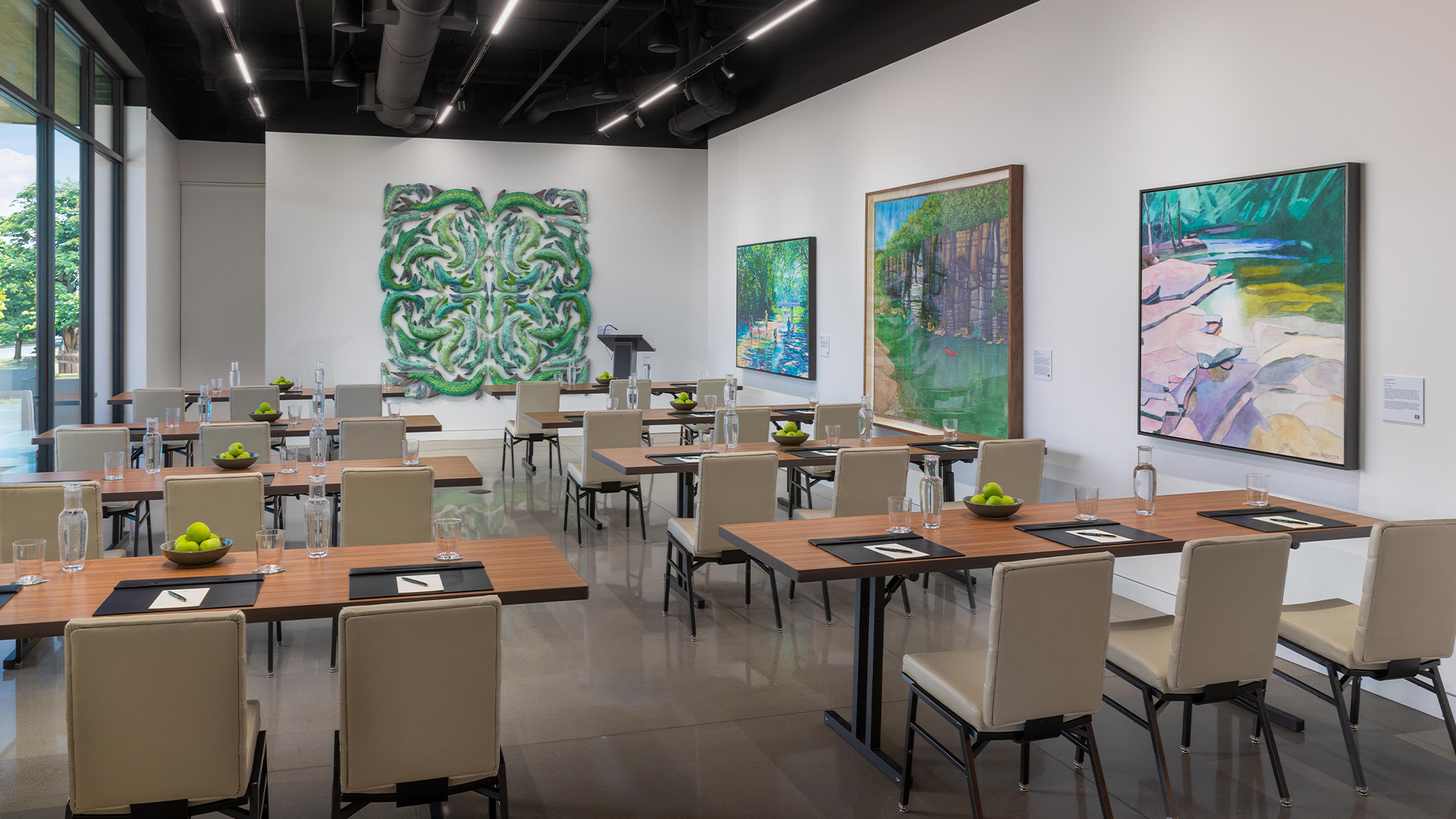 a room with tables and chairs