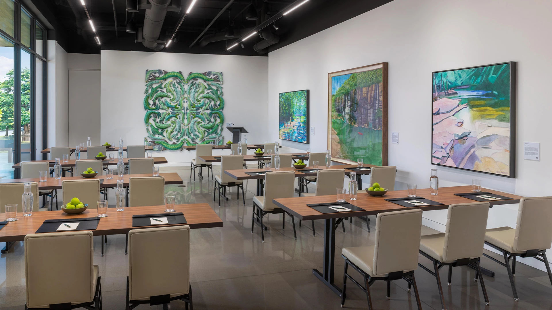 a room with tables and chairs