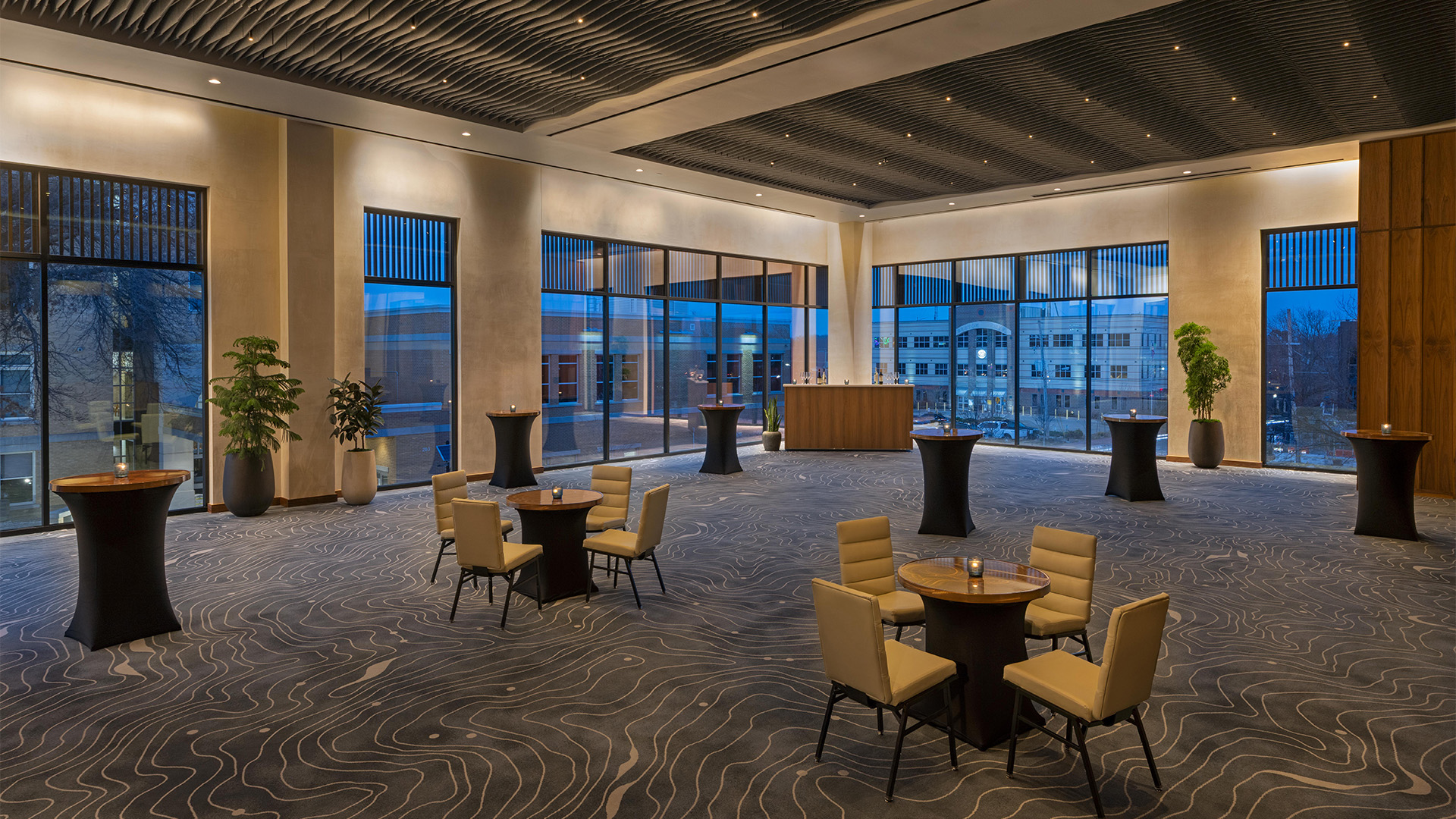 a room with tables and chairs