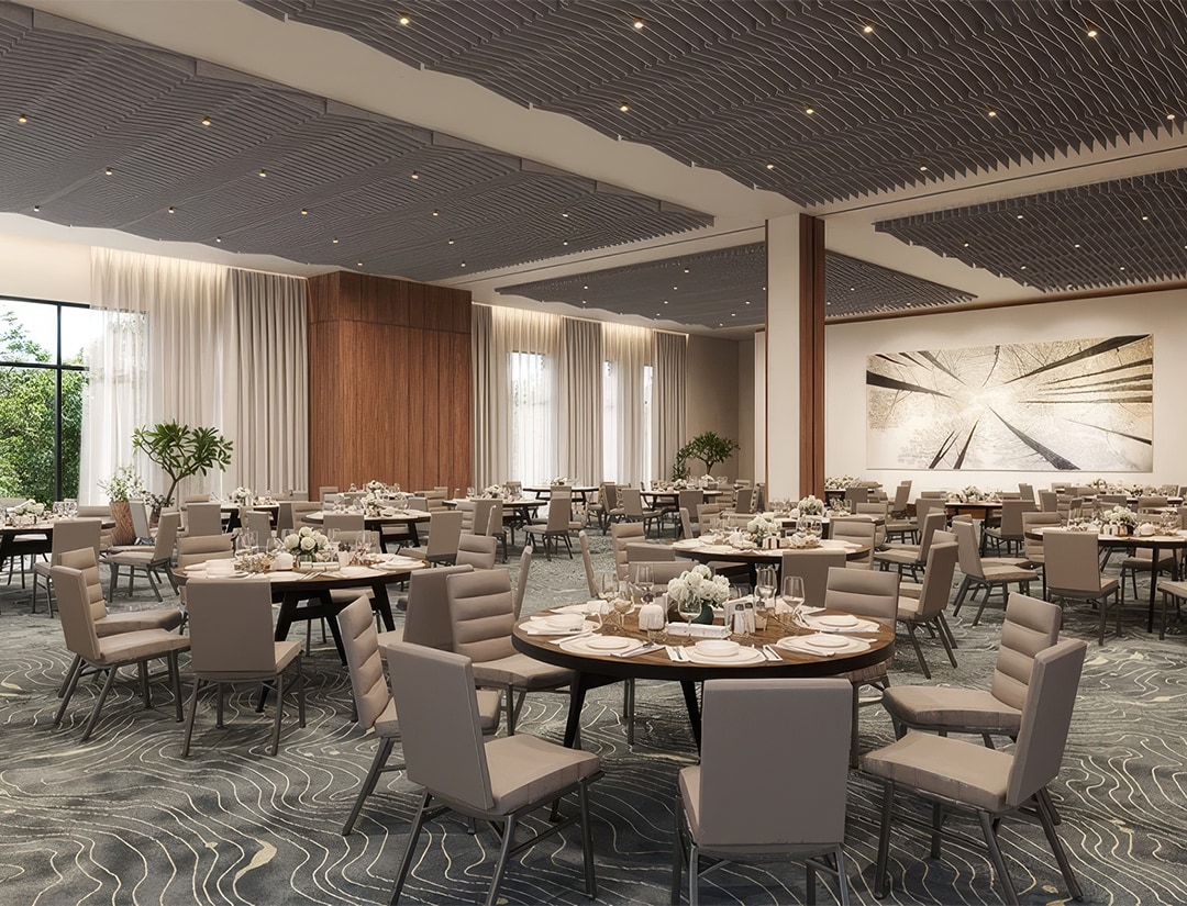 a large room with tables and chairs