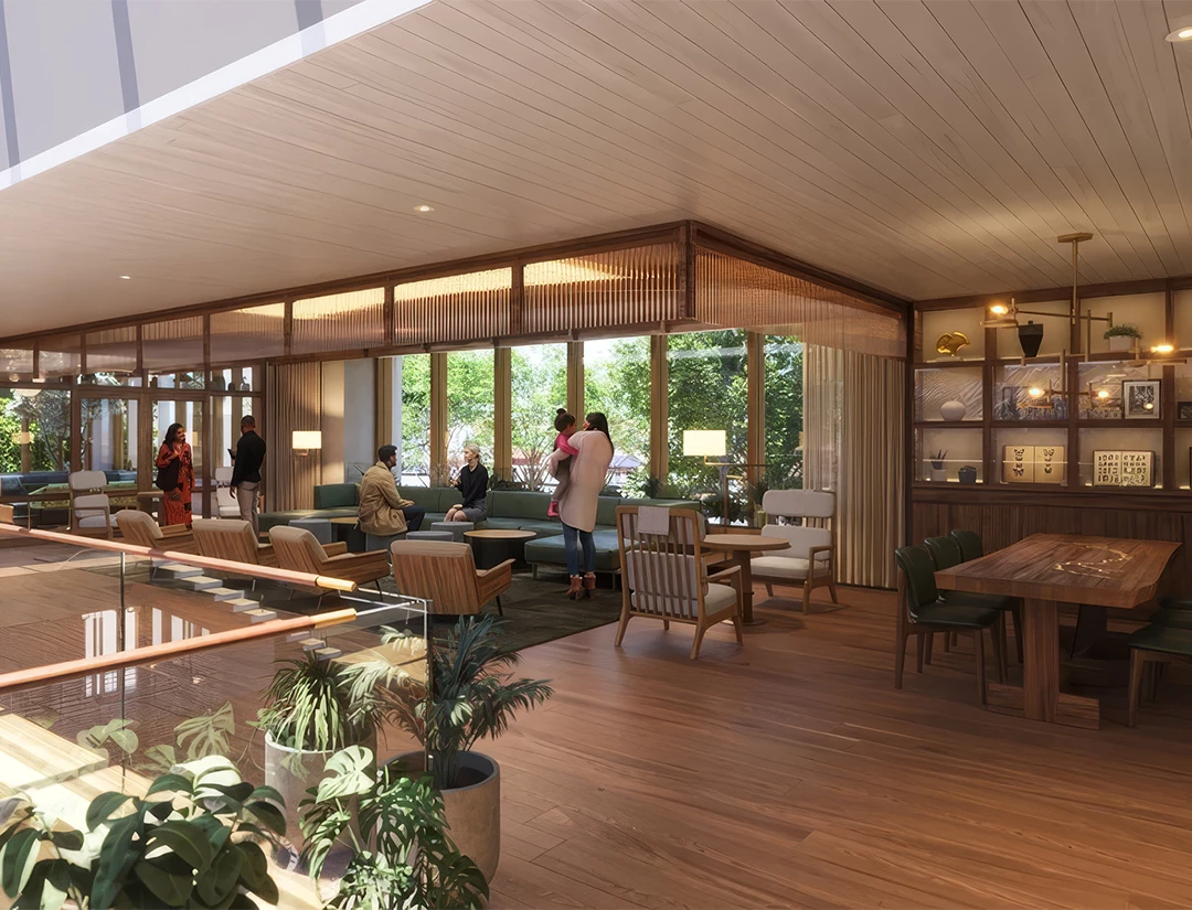 a room with a large window and a group of people