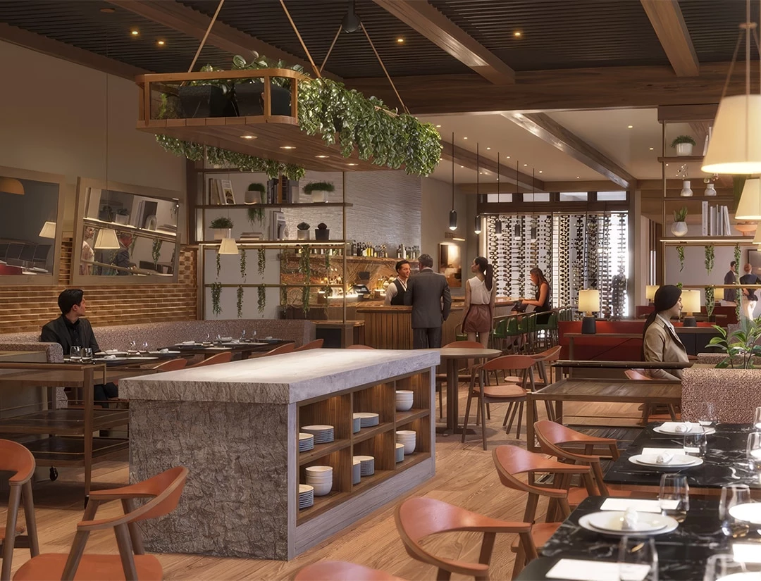 a restaurant with people in the background