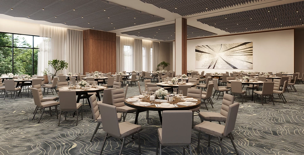 a large room with tables and chairs