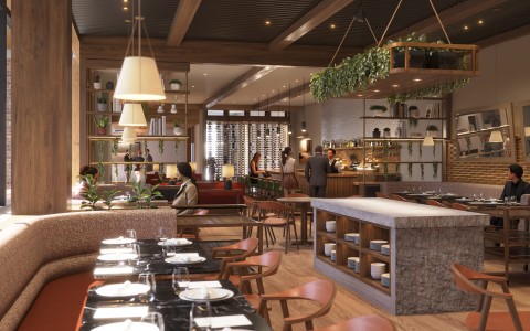 a restaurant with people in the background