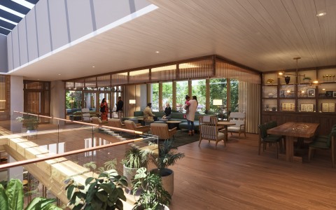 a room with a glass wall and a large window