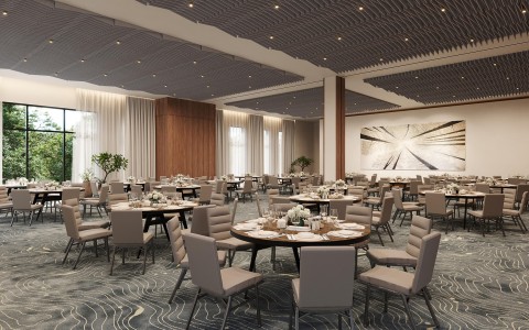 a large room with tables and chairs